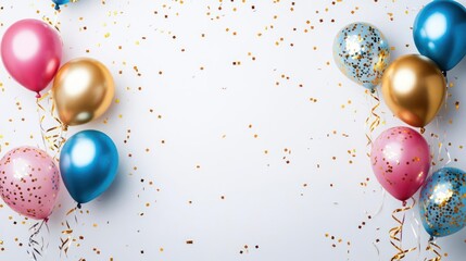 Colorful balloons and confetti on a light gray background