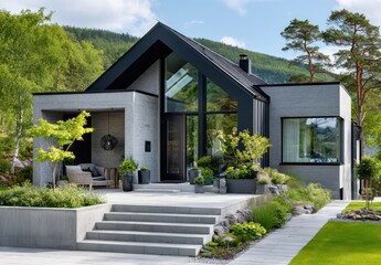 A modern house in Norway with an exterior wall of light grey painted smooth plaster, and a black roof with glass windows on the front facade