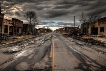 Fototapeta premium Deserted Fire-Battered Town: A wide-angle shot of a small town, its buildings burned down with only the skeletal remains standing. 