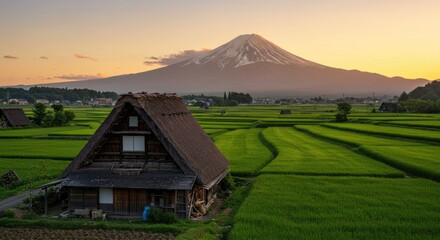A traditional Japanese farmhouse with thatched roof, nestled amidst lush rice paddies, and a backdrop of Mt. Fuji at sunrise