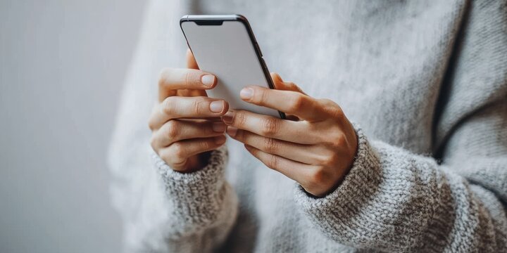 Close-up of hands holding and using a smartphone with a blank screen while wearing a cozy knitted sweater