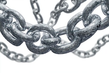 Obraz premium Close-up of interconnected metallic chains with a shiny textured surface against a blurred white background, symbolizing strength and connection