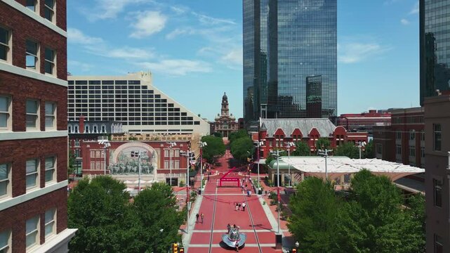 Tracking aerial of Sundance Square and Courthouse in Fort Worth, Texas
