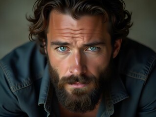 A rugged man with piercing blue eyes and a well-groomed beard gazes confidently at the viewer, exuding strength and masculinity in his facial features and distinct facial hair