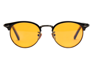 Close up of eyeglasses with bright yellow tinted lenses.