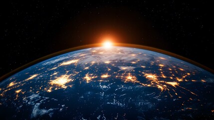 Obraz premium A breathtaking view of Earth from space, illuminated by the warm glow of a rising sun and the bright lights of cities across the planet, set against the backdrop of a star-studded black sky.