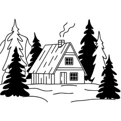 Cabin in the Woods Vector Illustration Minimalist Line Art