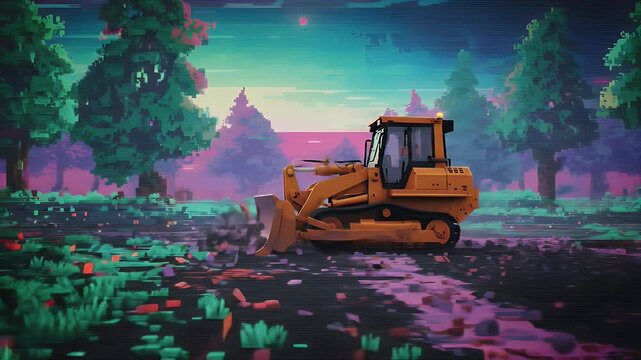 Yellow bulldozer illustration in pixel art style landscape