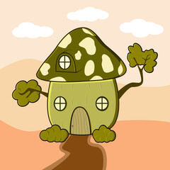 Mushroom house of fairytale design illustration, Cute mushroom house with windows, door, grass. creating a magical and whimsical fairy tale atmosphere
