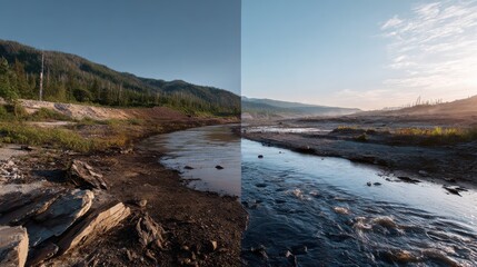 Fototapeta premium Side-by-side comparison showcasing a landscape before environmental restoration, depicting the improved water flow and vegetation after conservation efforts.
