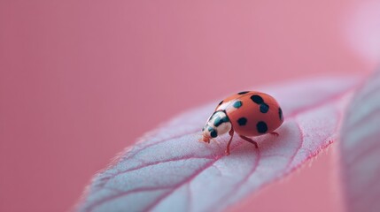 Ladybug on pink leaf close up