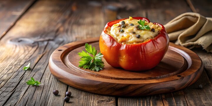 Roasted rocoto pepper stuffed with cheese and served on a wooden plate, rocoto, cheese,  rocoto