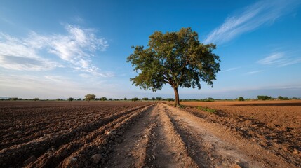 A solitary tree stands majestically on a dirt road through a plowed field under a clear blue sky with wispy clouds on a sunny day in the countryside landscape.