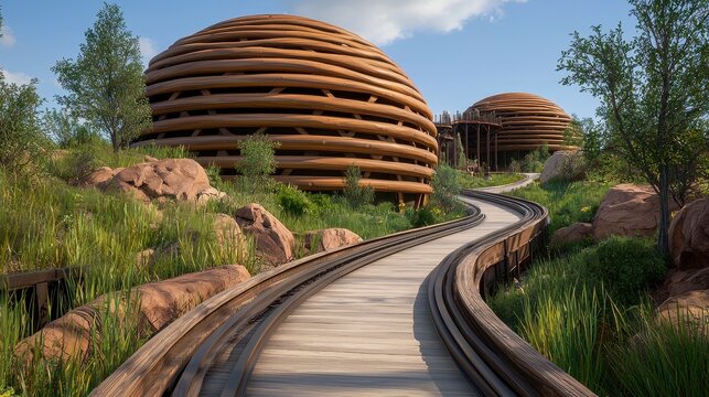 Curved Wooden Walkway Past Latticed Domes on a Sunny Hillside