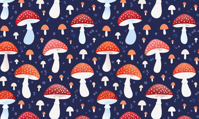 Cute cottagecore pattern of hand-drawn forest mushrooms
