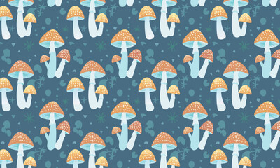 Magical glowing fantasy mushroom seamless pattern