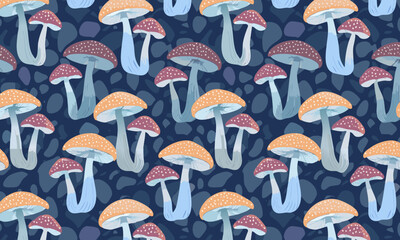 Stylized fantasy mushroom pattern on a stone pebble background