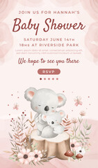 Watercolor baby shower cute animal koala baby girl boy poster template card invitation