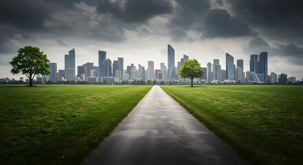Obraz premium Green path leading to a modern city skyline with a single tree. Represents urban development, environmental balance, or journey towards progress. Hopeful and scenic. 