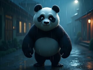 Stoic Cartoon Panda Ninja Standing in Rainy Night Setting with Dramatic Lighting and Mysterious Atmosphere