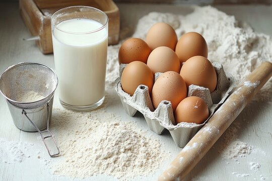 Close-up of baking ingredients including eggs in carton, glass of milk, flour, sifter, and wooden rolling pin on a white surface creating a warm and homely feel
