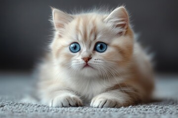Close-up of a fluffy cream-colored kitten with striking blue eyes lying on a textured surface looking curiously ahead