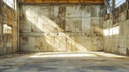A large, empty warehouse with concrete walls and a concrete floor, illuminated by natural light from a window on the left side.