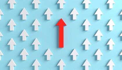 Red Arrow Among White Arrows  Standing Out, Uniqueness, Leadership Concept