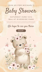Watercolor baby shower cute animal koala baby girl boy poster template card invitation