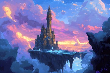 a stunning sky castle, sky, castle, crystal-clear, elaborate pixelated secret passages, architecture, travel, landscape, medieval, landmark, tourism, building, ancient, fortress, old, summer, heritage