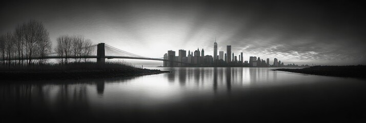 Black and white panoramic view of a calm river with a suspension bridge, leafless trees on the shore, and a city skyline with tall buildings under a cloudy sky