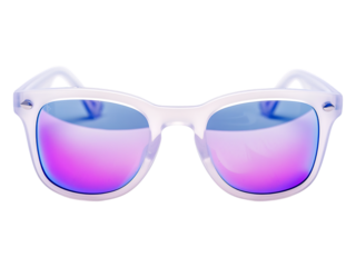 A pair of white framed sunglasses with purple tinted lens.