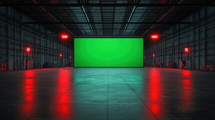 Fototapeta premium Large empty industrial warehouse with a glowing green screen at the far end and red lights reflecting on the polished concrete floor, creating a futuristic and dramatic atmosphere