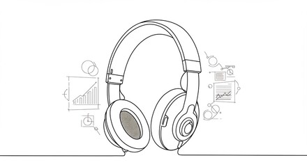 Fototapeta premium Headphones Line Art Illustration with Graph Visuals