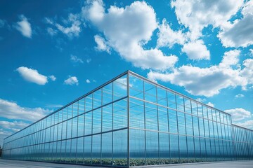 Large modern greenhouse structure with transparent glass panels under bright blue sky with scattered white clouds