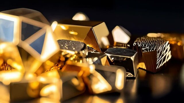 Pile of shimmering gold bars and crystalline gold nuggets reflecting light on a dark surface, representing wealth and precious metals.