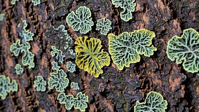 Vibrant lichen growth on tree bark in a forest ecosystem