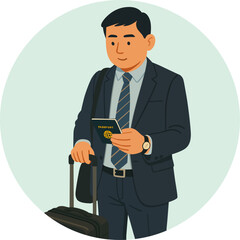 South-East Asian businessman travelling with the suitcase and his passport.  