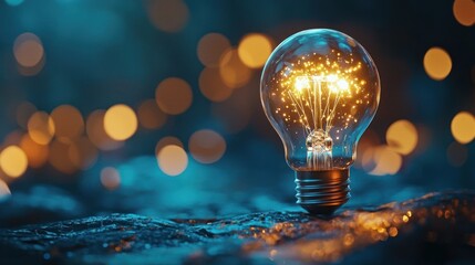 A glowing light bulb emitting a warm, golden glow against a dark, blurred background.