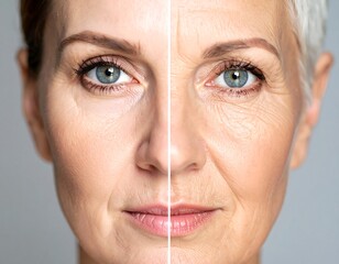 Woman's face, before and after aging