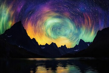 Colorful swirling night sky with vibrant northern lights over dark jagged mountain silhouettes and their reflection on calm water, evoking awe and serenity
