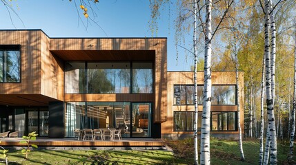 Naklejka premium Elegant Scandinavian Modern Home with Natural Wood Elements in Peaceful Forest Setting. Ideal for architecture portfolios, sustainable living magazines, furniture catalogs or Nordic travel promotions