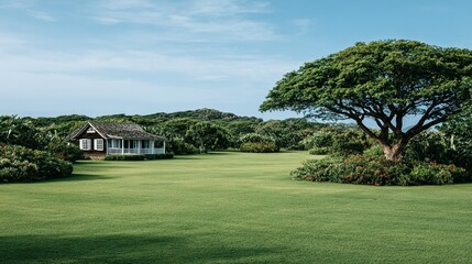 Obraz premium Lush green lawn with a charming small house and a large tree.