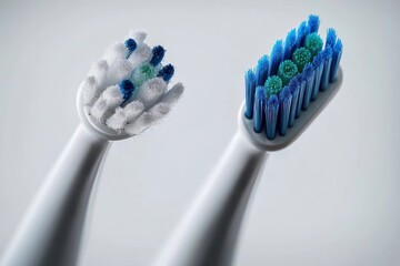 Close-up comparison of a worn-out electric toothbrush head with frayed bristles and a new toothbrush head with intact blue and green bristles on a clean light background