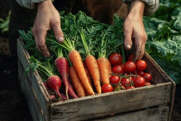 Hands placing freshly harvested carrots, radishes, and cherry tomatoes in a rustic wooden crate outdoors in a garden