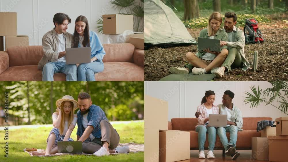 Poster four diverse groups use a laptop in varied environments, highlighting collaboration and technology i