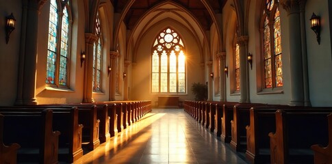 Fototapeta premium Serene interior of a church, bathed in soft sunlight filtering through stained glass windows; quiet contemplation and prayerful atmosphere , quiet, light, basilica