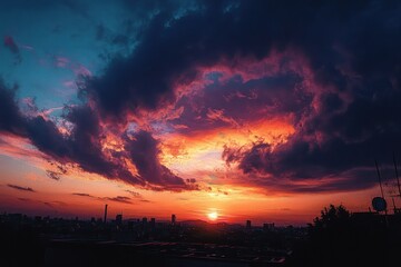 vibrant sunset over city skyline with dramatic dark clouds and colorful sky blending orange, purple, and blue hues creating a captivating and intense atmosphere