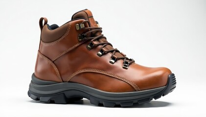 Durable brown leather hiking boots, rugged sole, white backdrop, reliable, boots