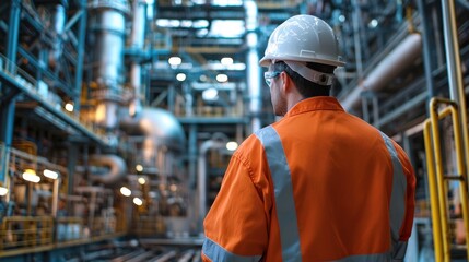 A male engineer wearing a white hard hat and orange safety jacket, standing in a large industrial plant with various pipes and equipment, looking out into the distance.